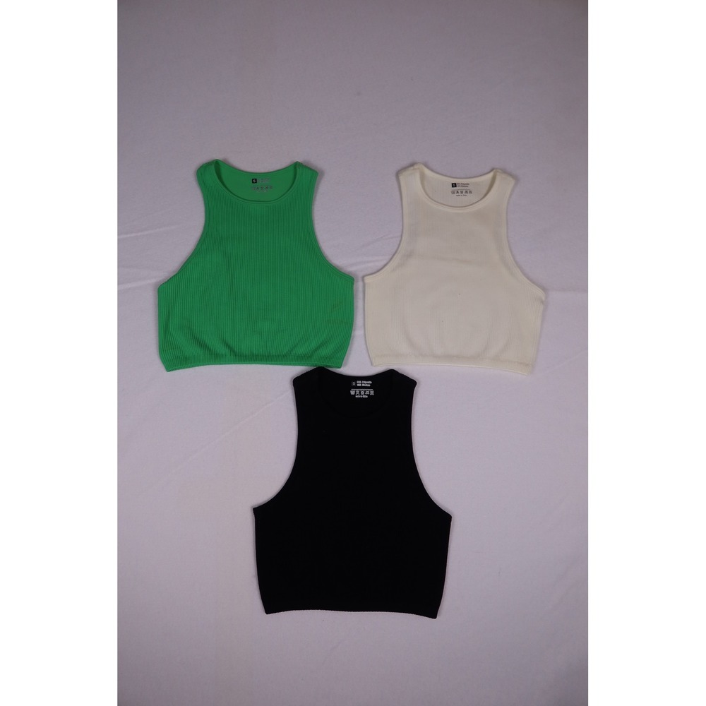 Set of 3 Ribbed Knit Crop Tank Tops Green Black White Small Sleeveless High Neck